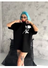 Unisex Bisiklet Yaka Baskılı Oversize T-Shirt - Siyah