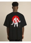 Unisex Bisiklet Yaka Baskılı Oversize T-Shirt - Siyah