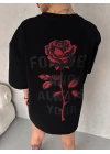 Unisex Bisiklet Yaka Baskılı Oversize T-Shirt - Siyah