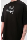Unisex Bisiklet Yaka Baskılı Oversize T-Shirt - Siyah