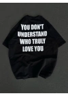 Unisex Bisiklet Yaka Baskılı Oversize T-Shirt - Siyah