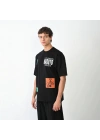 Unisex Bisiklet Yaka Baskılı Oversize T-Shirt - Siyah