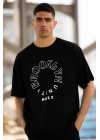 Unisex Bisiklet Yaka Baskılı Oversize T-Shirt - Siyah
