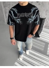 Unisex Bisiklet Yaka Baskılı Oversize T-Shirt - Siyah