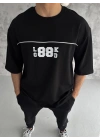 Unisex Bisiklet Yaka Baskılı Oversize T-Shirt - Siyah