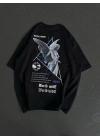 Unisex Bisiklet Yaka Baskılı Oversize T-Shirt - Siyah