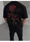 Unisex Bisiklet Yaka Baskılı Oversize T-Shirt - Siyah