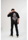 Unisex Bisiklet Yaka Baskılı Oversize T-Shirt - Siyah