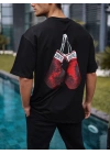 Unisex Bisiklet Yaka Baskılı Oversize T-Shirt - Siyah