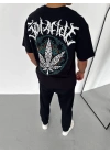 Unisex Bisiklet Yaka Baskılı Oversize T-Shirt - Siyah