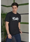 Unisex Bisiklet Yaka Baskılı Oversize T-Shirt - Siyah