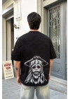 Unisex Bisiklet Yaka Baskılı Oversize T-Shirt - Siyah