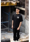 Unisex Bisiklet Yaka Baskılı Oversize T-Shirt - Siyah
