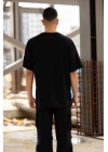 Unisex Bisiklet Yaka Baskılı Oversize T-Shirt - Siyah
