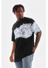 Unisex Bisiklet Yaka Baskılı Oversize T-Shirt - Siyah