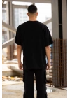 Unisex Bisiklet Yaka Baskılı Oversize T-Shirt - Siyah