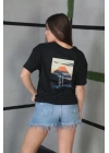 Unisex Bisiklet Yaka Baskılı Oversize T-Shirt - Siyah