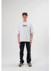 Unisex Bisiklet Yaka Baskılı Oversize T-Shirt - Siyah