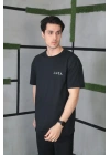 Unisex Bisiklet Yaka Baskılı Oversize T-Shirt - Siyah