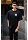 Unisex Bisiklet Yaka Baskılı Oversize T-Shirt - Siyah
