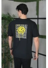 Unisex Bisiklet Yaka Baskılı Oversize T-Shirt - Siyah