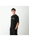 Unisex Bisiklet Yaka Baskılı Oversize T-Shirt - Siyah