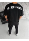 Unisex Bisiklet Yaka Baskılı Oversize T-Shirt - Siyah