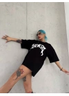 Unisex Bisiklet Yaka Baskılı Oversize T-Shirt - Siyah