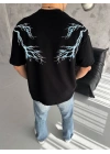 Unisex Bisiklet Yaka Baskılı Oversize T-Shirt - Siyah