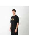 Unisex Bisiklet Yaka Baskılı Oversize T-Shirt - Siyah