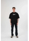 Unisex Bisiklet Yaka Baskılı Oversize T-Shirt - Siyah