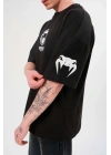 Unisex Bisiklet Yaka Baskılı Oversize T-Shirt - Siyah
