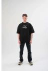 Unisex Bisiklet Yaka Baskılı Oversize T-Shirt - Siyah