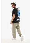 Unisex Bisiklet Yaka Baskılı Oversize T-Shirt - Siyah