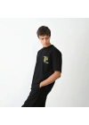 Unisex Bisiklet Yaka Baskılı Oversize T-Shirt - Siyah