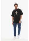 Unisex Bisiklet Yaka Baskılı Oversize T-Shirt - Siyah