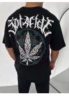 Unisex Bisiklet Yaka Baskılı Oversize T-Shirt - Siyah
