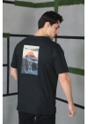 Unisex Bisiklet Yaka Baskılı Oversize T-Shirt - Siyah