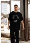 Unisex Bisiklet Yaka Baskılı Oversize T-Shirt - Siyah