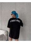 Unisex Bisiklet Yaka Baskılı Oversize T-Shirt - Siyah