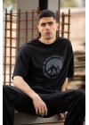 Unisex Bisiklet Yaka Baskılı Oversize T-Shirt - Siyah