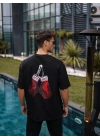 Unisex Bisiklet Yaka Baskılı Oversize T-Shirt - Siyah