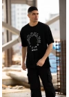 Unisex Bisiklet Yaka Baskılı Oversize T-Shirt - Siyah
