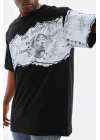 Unisex Bisiklet Yaka Baskılı Oversize T-Shirt - Siyah