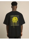 Unisex Bisiklet Yaka Baskılı Oversize T-Shirt - Siyah