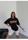 Unisex Bisiklet Yaka Baskılı Oversize T-Shirt - Siyah