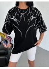 Unisex Bisiklet Yaka Baskılı Oversize T-Shirt - Siyah