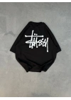 Unisex Bisiklet Yaka Baskılı Oversize T-Shirt - Siyah