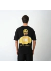 Unisex Bisiklet Yaka Baskılı Oversize T-Shirt - Siyah