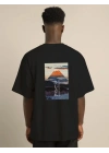 Unisex Bisiklet Yaka Baskılı Oversize T-Shirt - Siyah